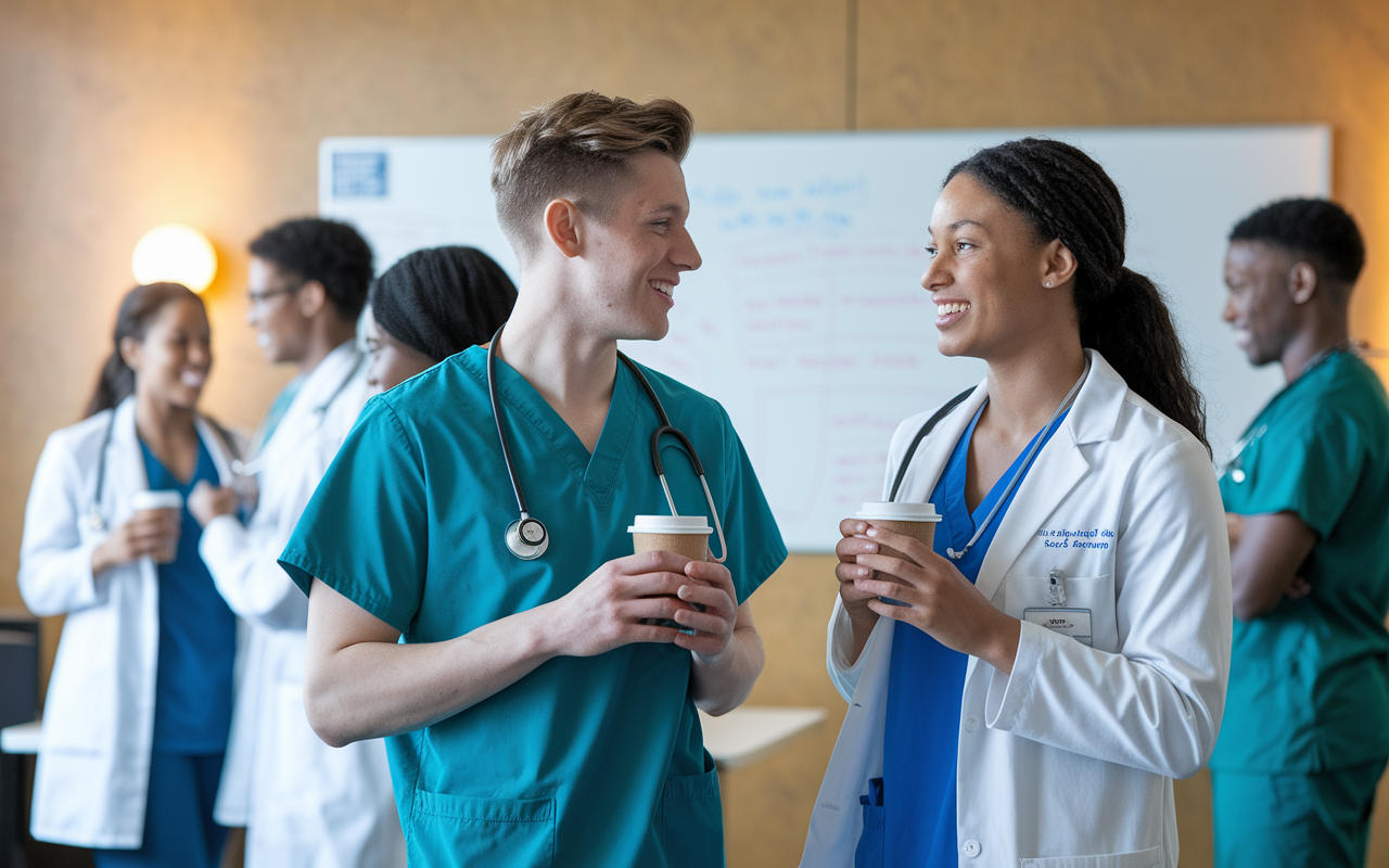 A candid moment in a hospital break room where medical students engage in networking over coffee. Two students conversing enthusiastically while holding cups, with a whiteboard in the background displaying medical notes. The scene is energized and collaborative, enveloped in warm lighting that suggests camaraderie and shared experiences.