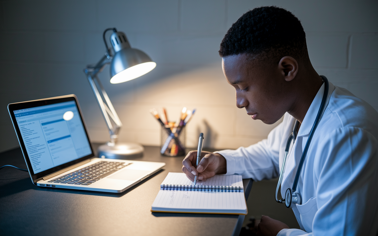 A medical student in a quiet room, deeply focused on writing down specific goals for their upcoming clerkship rotations in a notebook. A laptop is open with clinical guidelines visible on the screen. A desk lamp casts a warm glow, symbolizing preparation and intentions for success.