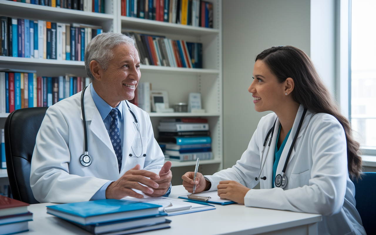 A medical student engaging in a one-on-one meeting with an attending physician in a clinical office. The physician, an older individual with a kind expression, is providing feedback while the student listens attentively, taking notes. The room is filled with medical books and resources, portraying mentorship and guidance.