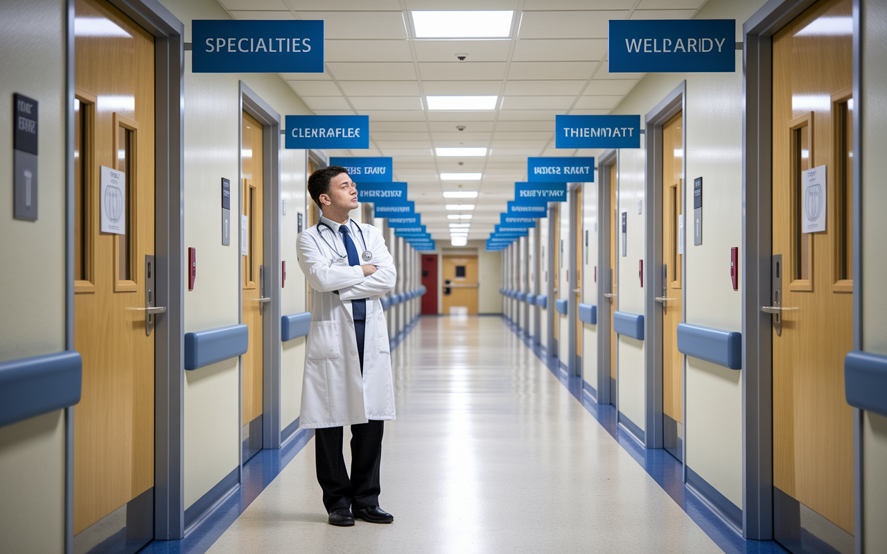 A medical student standing in front of various specialty department doors in a hospital corridor, contemplating which to enter. Each door is labeled clearly with different specialties, and the student appears thoughtful and engaged. The corridor is well-lit, emphasizing the many paths available in a medical career.