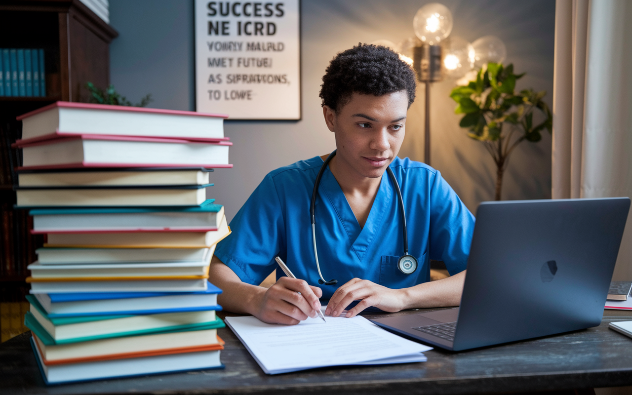 A focused medical student, surrounded by a stack of books and papers, is preparing a residency application on their laptop in a cozy study. The lighting is soft and warm, with a motivational poster on the wall about success in medicine. The scene conveys dedication, hard work, and future aspirations.