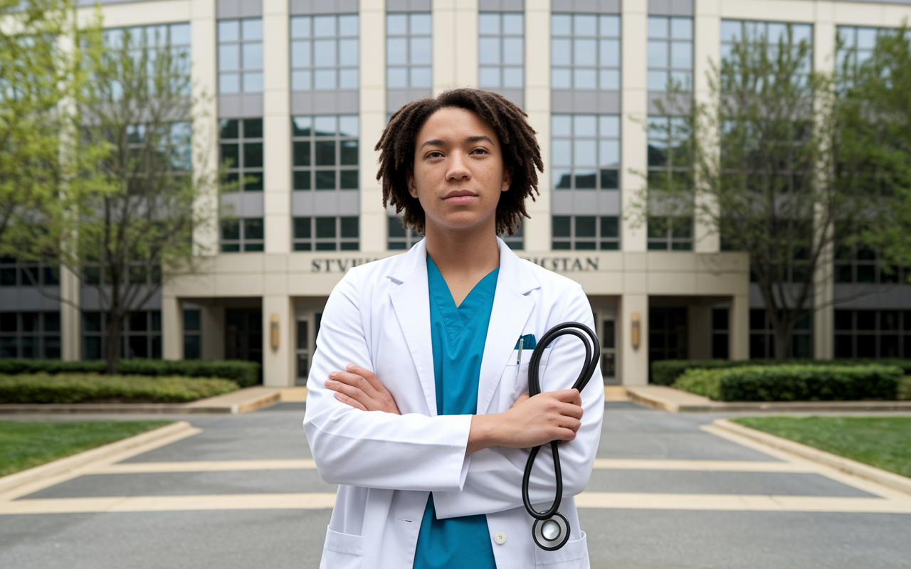 A determined medical student stands in front of a hospital, wearing a white coat and holding a stethoscope. With a determined look on their face, they are ready to embark on their residency journey. The setting is bright and optimistic, symbolizing future success and accomplishment in medicine.