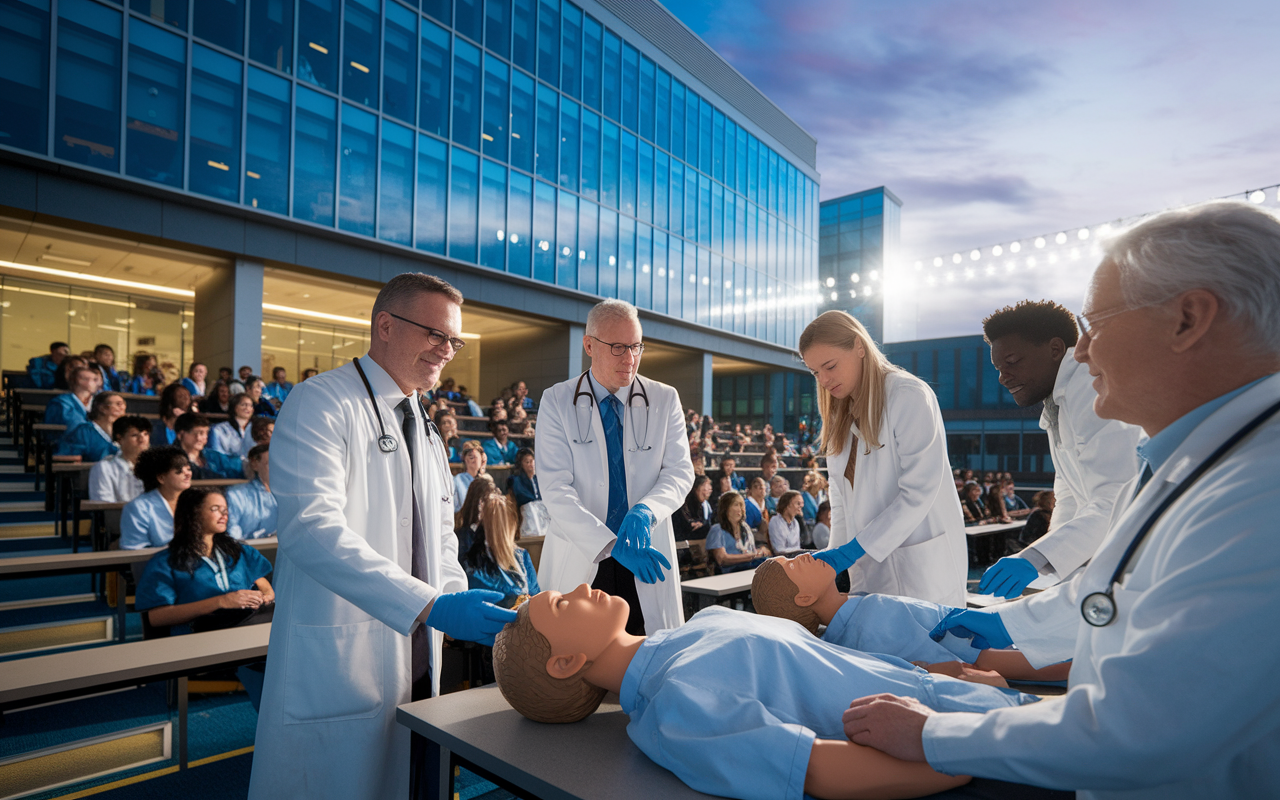 The exterior of a prestigious teaching hospital with modern design, bustling with students and medical professionals. Inside, a well-equipped lecture hall is filled with enthusiastic medical students learning from experienced doctors. They are engaged in a hands-on simulation, practicing various medical procedures on realistic mannequins. Bright lights and state-of-the-art medical equipment fill the background, symbolizing excellence in medical education and the importance of mentorship in the training process.