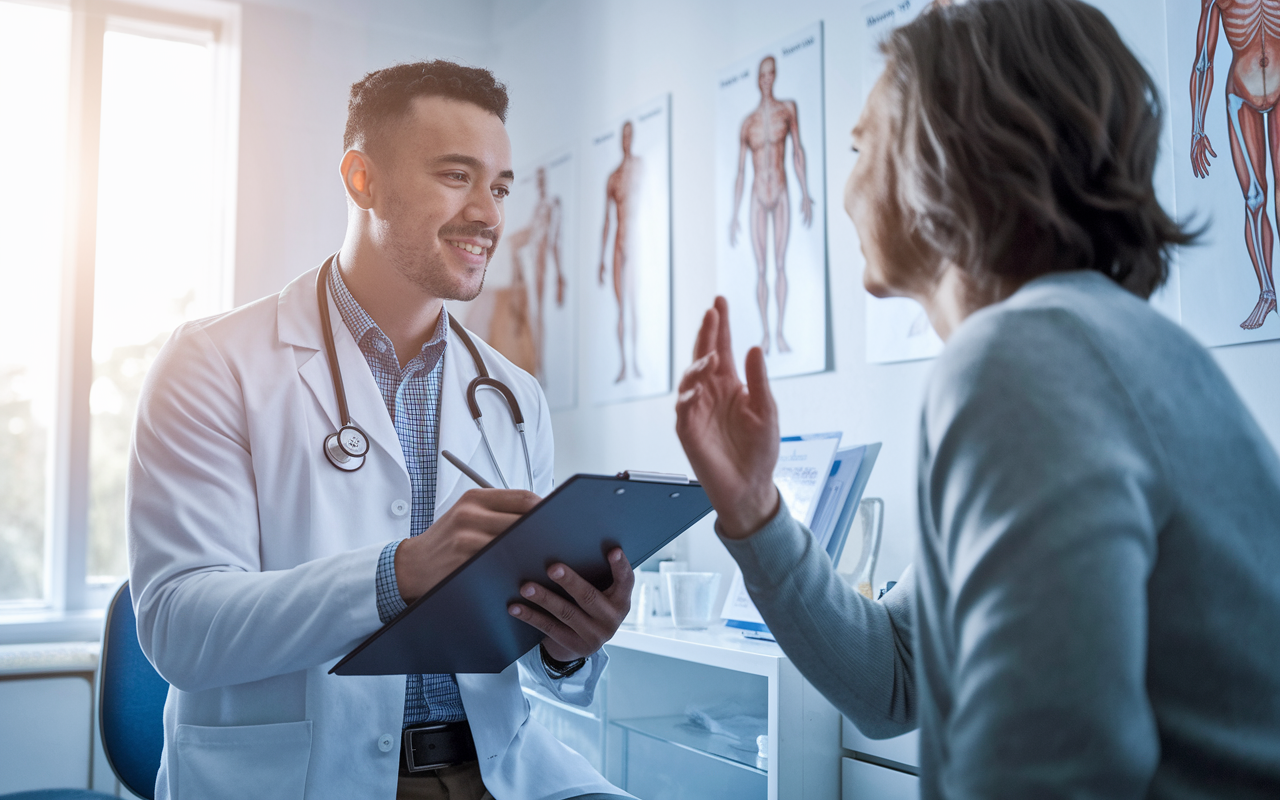 A dedicated medical student engaging with a patient in a clinic setting, showing empathy and professionalism. The student is taking a patient’s history while holding a clipboard, and the patient is animatedly explaining their symptoms. Bright, natural light filters through the clinic window, creating a warm and welcoming atmosphere. Medical charts, anatomical posters, and other healthcare paraphernalia populate the surrounding area, emphasizing the importance of patient-provider relationships in medical training.