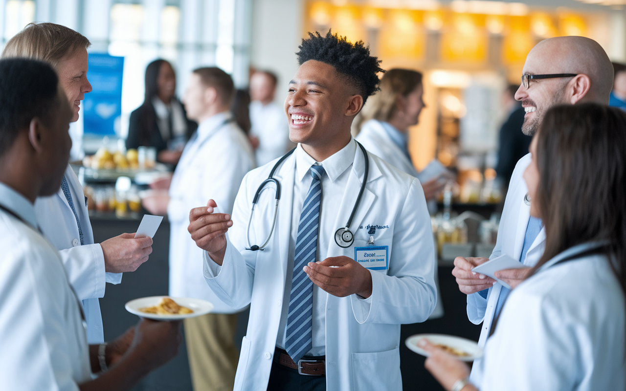 A medical student actively networking during a hospital event, surrounded by physicians and fellow residents. The student is engaged in lively discussions, exchanging ideas and laughter, with business cards in hand. Background elements include name tags, clinical posters, and refreshments, capturing a warm and collegial atmosphere. The lighting is bright and inviting, highlighting the sense of camaraderie and collaboration essential in building professional relationships.