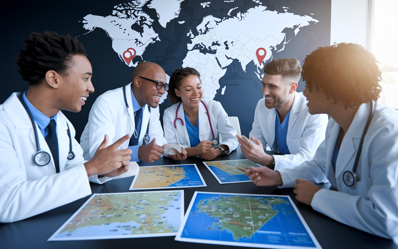 A group of medical students preparing for an away rotation, gathered around a table with maps and notes about potential residency programs. They are engaged in excited discussion, with visuals of different cities and healthcare facilities highlighted on the table. The background features a world map with pins marking locations of interest, symbolizing adventure and exploration in medical training. The lighting is dynamic and bright, embodying the energy and anticipation of new experiences.