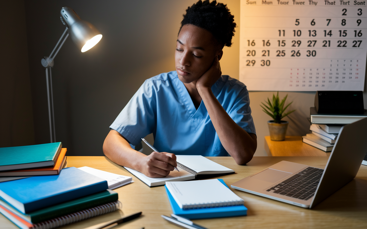 A thoughtful medical student sitting at a desk surrounded by journals and notes, reflecting on their clinical rotation experiences. The student is writing in a notebook, with a contemplative expression, under warm lighting that creates a cozy atmosphere. Medical books and clinical guides are scattered around, along with a laptop displaying research notes. A wall calendar in the background highlights important dates, symbolizing the ongoing journey of learning and self-reflection.