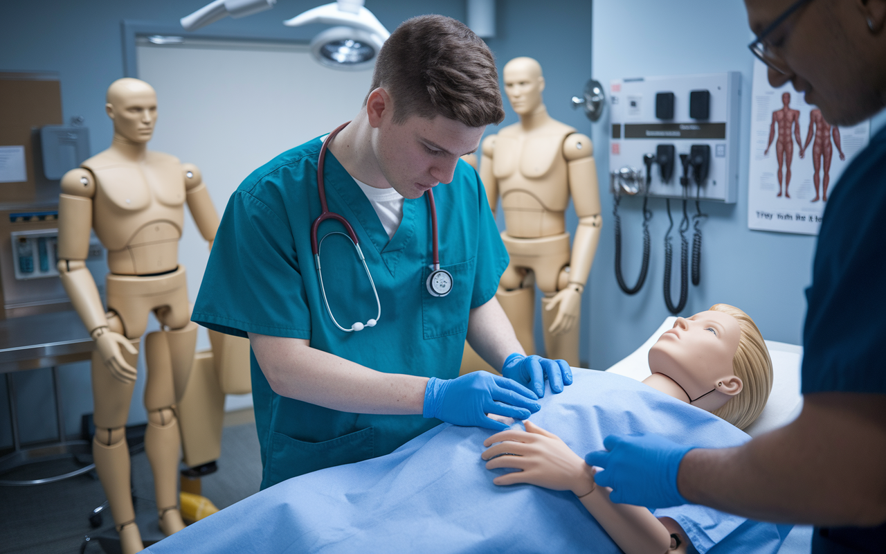 A focused medical student practicing clinical skills in a simulation lab, surrounded by mannequins and medical instruments. The student is engaged in a mock assessment, wearing scrubs and gloves, with a mentor offering guidance. Bright, clinical lighting enhances the sense of realism in the training environment. Detailed equipment and instructional posters on the walls highlight the importance of preparedness for future evaluations in clinical settings.