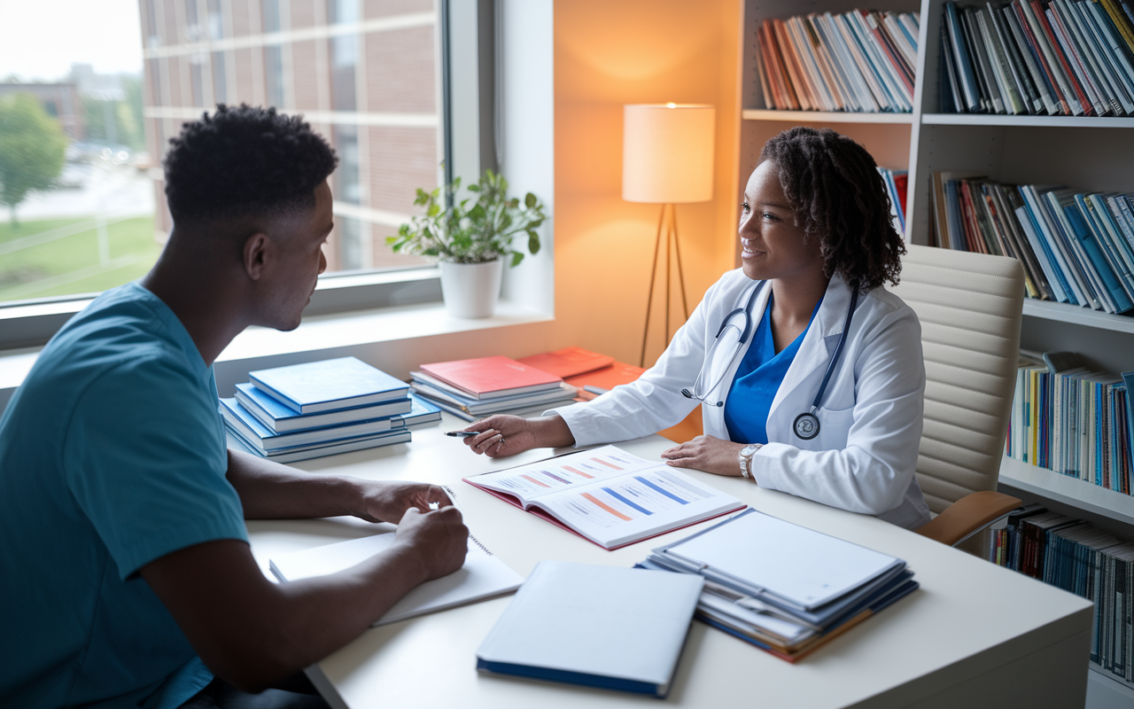 A medical student consulting with an academic advisor in a bright, inviting office filled with medical textbooks and resources. The advisor is offering guidance, pointing to a chart of rotation options while the student takes notes. A window shows a view of the campus, symbolizing a supportive academic environment. Warm lighting and the presence of educational materials emphasize the importance of mentorship and seeking advice during the medical journey.