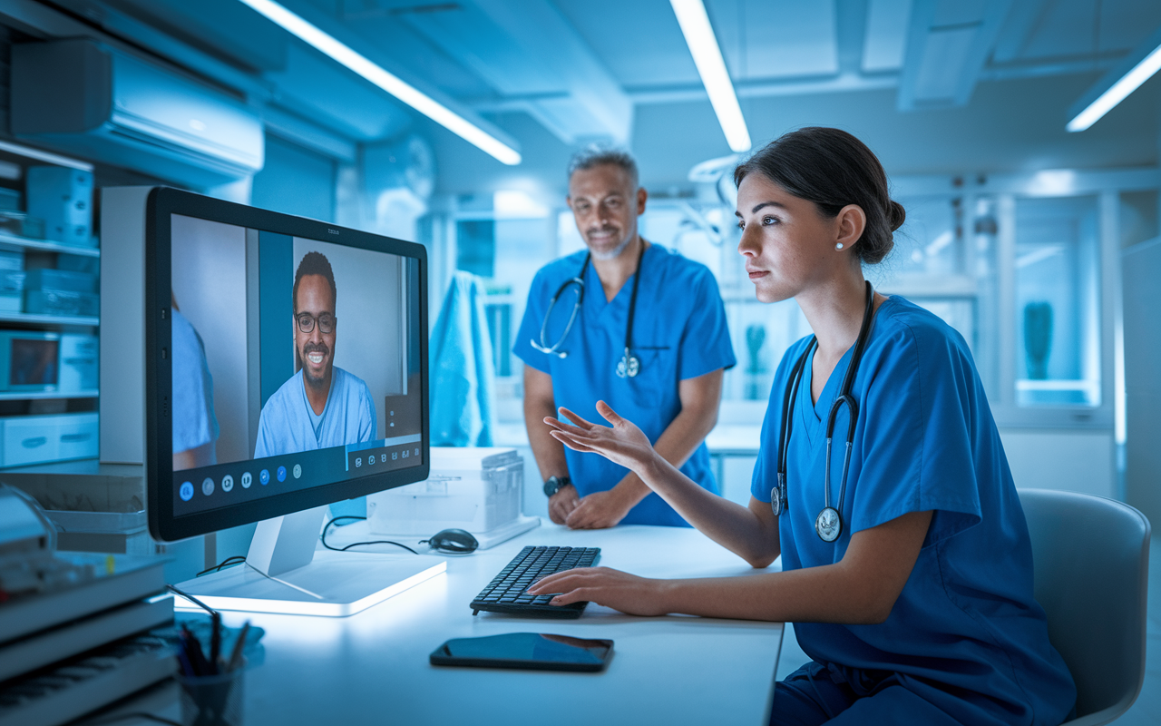 An engaging scene of a medical student in scrubs conducting a telemedicine session in a well-lit, modern clinic, with a high-tech screen displaying a patient. The student is focused and professional, communicating effectively through video. In the corner, a mentor observes, providing guidance. The room is bright and filled with medical supplies, showcasing a cutting-edge healthcare environment. Emphasize the connection of technology and patient care, with soft lighting enhancing the professionalism of the moment.