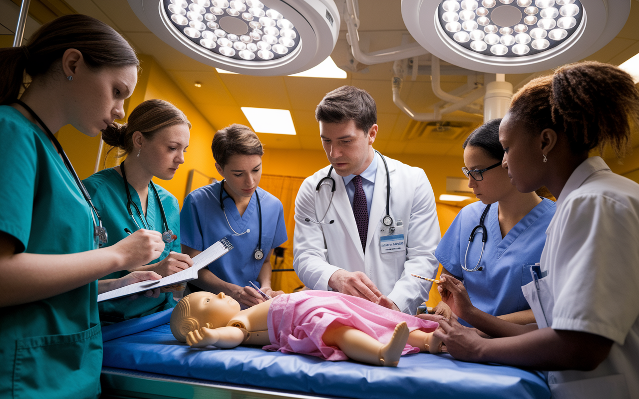 A dynamic scene in a vibrant hospital setting where medical students from different specialties collaborate in a pediatric emergency scenario. The atmosphere is intense yet focused, showcasing teamwork as a pediatrician guides students through a critical case on a child mannequin. Other students take notes, while a nurse assists in the background, all under the warm glow of overhead lights. The setting emphasizes collaboration and hands-on learning experiences, with realistic details and an urgent ambiance.