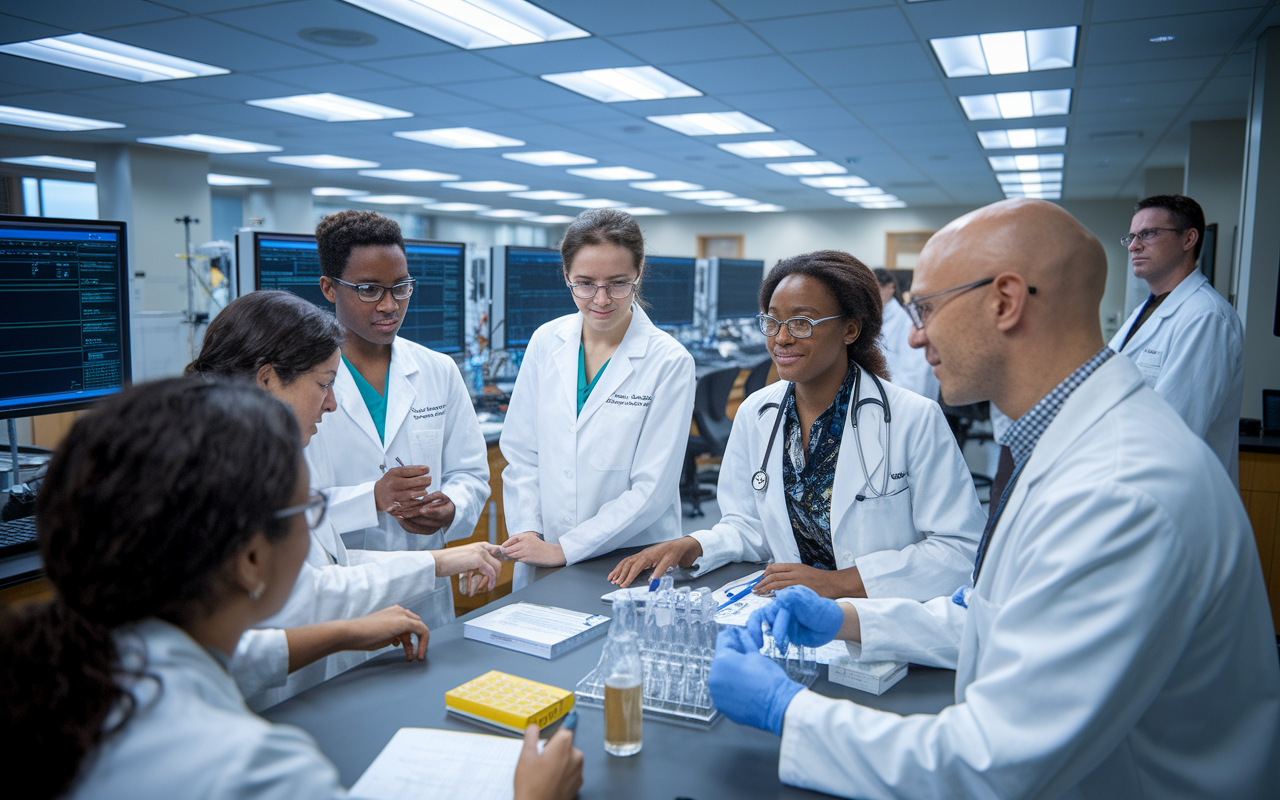 An inspiring scene in a research lab where medical students are engaged in a collaborative discussion with a physician about clinical trials. The lab is filled with scientific equipment and clinical data on screens. Some students take notes while others participate in a hands-on activity involving lab results. The atmosphere is one of motivated inquiry, with bright, focused lighting illuminating the engaging conversation about advancing medical knowledge.