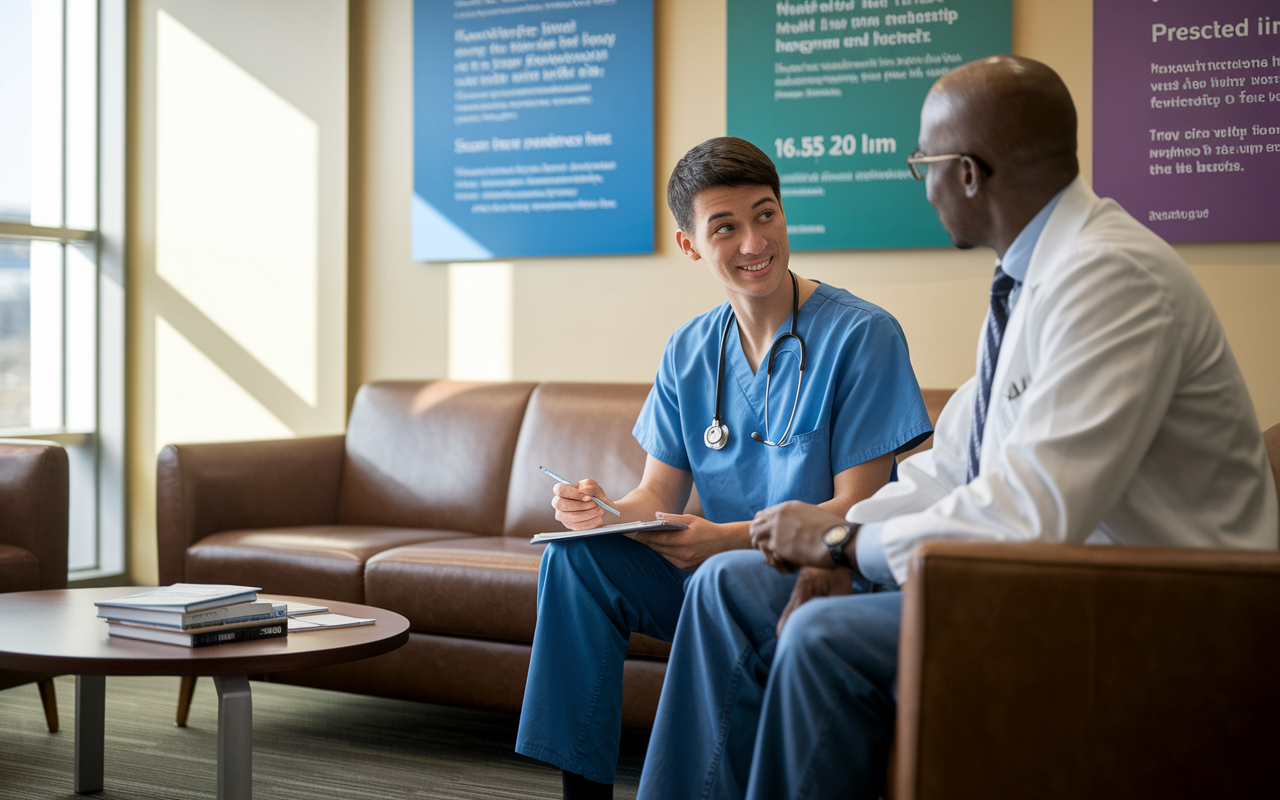 A warm scene in a hospital break room where a medical student engages in a one-on-one discussion with a mentor. The student is attentively listening while taking notes. The background shows posters about healthcare achievements and a coffee table with medical journals. Soft, natural light streams through the windows, creating a welcoming environment that fosters mentorship and connection.