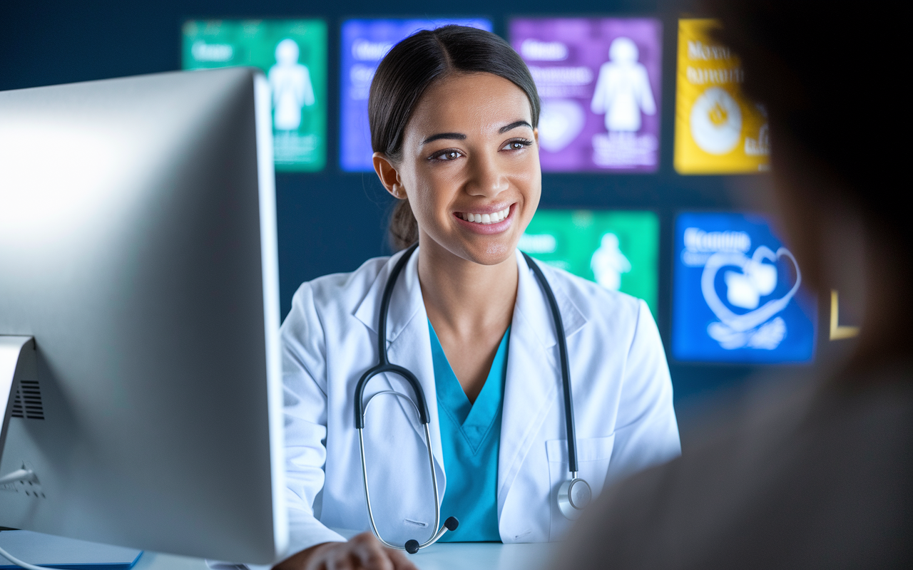 A scene featuring a confident medical student, Jessica, involved in a telemedicine consultation. She's smiling as she interacts with a patient on the screen, with colorful health graphics displayed in the background. The environment reflects a sense of professionalism and modernity, showcasing her cutting-edge skills in patient communication. The glow of the computer screen emphasizes her focus and engagement in this innovative healthcare delivery method.