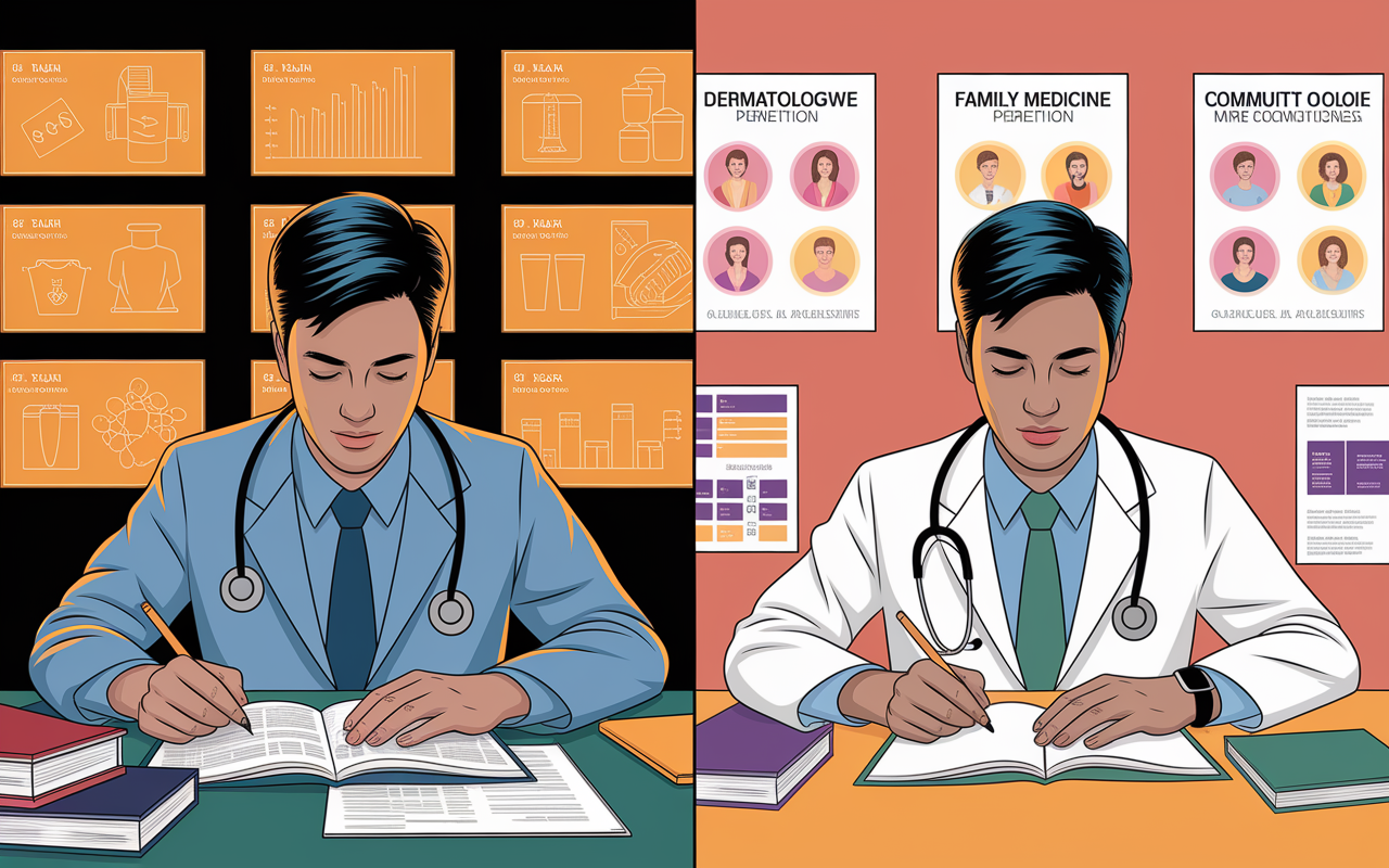 A split-scene showing two medical students at desks: one, intensely studying with books and charts related to dermatology with a backdrop of bright clinic visuals, and the other, relaxed with a more focused approach on family medicine, surrounded by community health posters. The lighting distinguishes the atmosphere of competitiveness in dermatology as brighter and busier, while family medicine is depicted in a warmer, more inviting light. The colors symbolize the different levels of competition and personal preference.