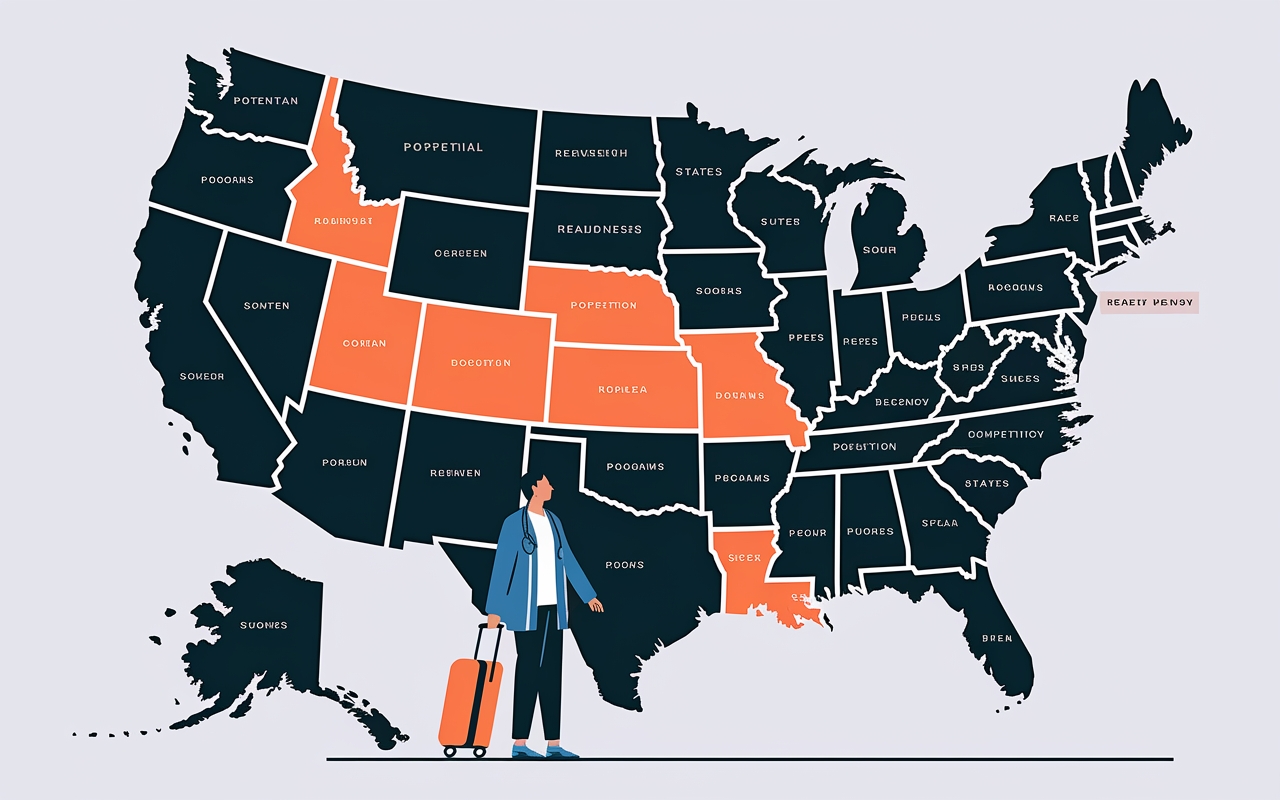 A detailed map illustration showing various pins marking potential residency programs across different states, with lines connecting them to a central figure—a medical student holding a suitcase, symbolizing readiness to travel. The regions are color-coded to represent levels of competitiveness, with bright colors for competitive areas and softer hues for less competitive zones. The scene conveys a sense of exploration and decision-making in the residency application journey.