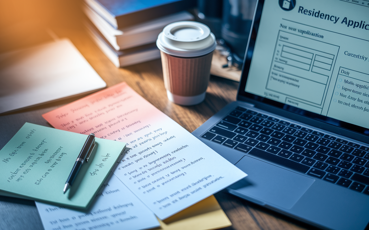 A close-up shot of an applicant's workspace comprising a laptop displaying a personalized residency application, notes scattered with specific details about various residency programs, and a coffee cup. The atmosphere is one of concentration and creativity, with warm, focused lighting emphasizing the importance of customizing each application. The background hints at books and research material related to different specialties, symbolizing thorough preparation.