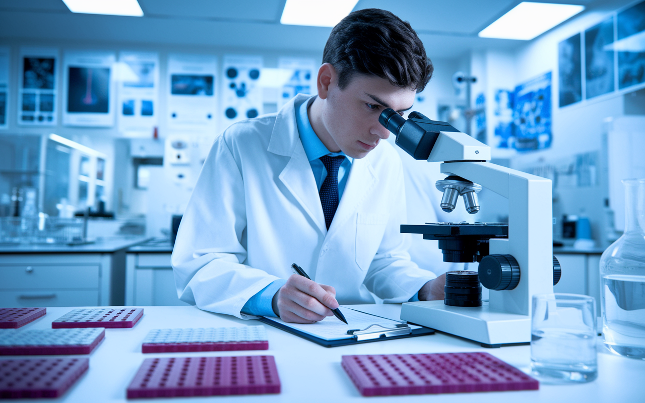 A focused medical student in a lab coat examining cancer cell cultures under a microscope in a well-equipped laboratory. The room is filled with scientific posters and informative charts related to cancer research. The student, with an expression of curiosity and concentration, is noting findings on a clipboard. The laboratory lighting is bright, reflecting the sterile and professional atmosphere, conveying a sense of scientific inquiry.