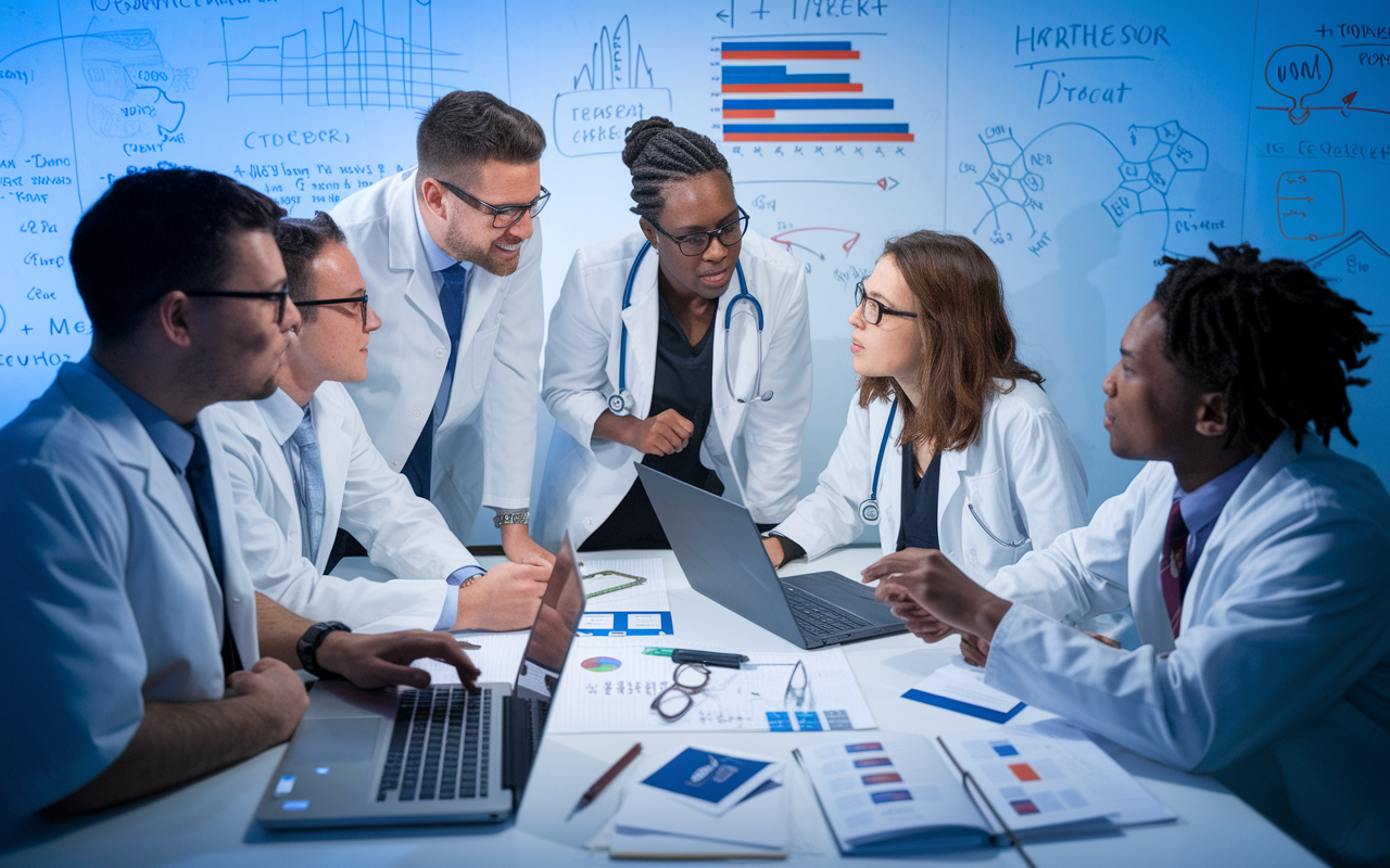 A group of medical students engaged in a lively discussion around a whiteboard filled with data charts and hypotheses in a collaborative workspace. They are immersed in an analytical brainstorming session, with laptops open and research materials scattered around. The energy is dynamic, emphasizing teamwork and communication, illuminated by interesting lighting that creates an inviting and stimulating academic environment.