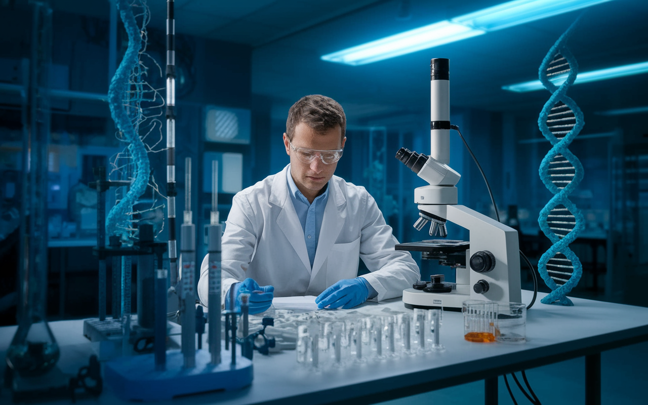 A researcher in a high-tech lab, surrounded by DNA models, microscopes, and advanced computing equipment, working intently on a genetic therapy project. The atmosphere is filled with a sense of purpose and innovation, the lighting is advanced and scientific, highlighting the intricate details of the research materials. A sense of discovery and hope permeates the room, reflecting the potential impact on rare inherited disorders.