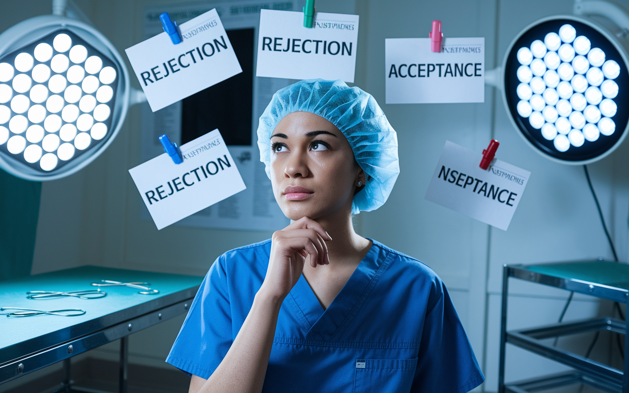 A medical applicant wears a thoughtful expression while surrounded by rejection letters and acceptance letters pinned on a wall chart. The background shows a clinical setting, with surgical instruments visible on a nearby table, symbolizing competitive specialties. The lighting is bright, emphasizing the stark contrast between hope and disappointment in the applicant's journey.