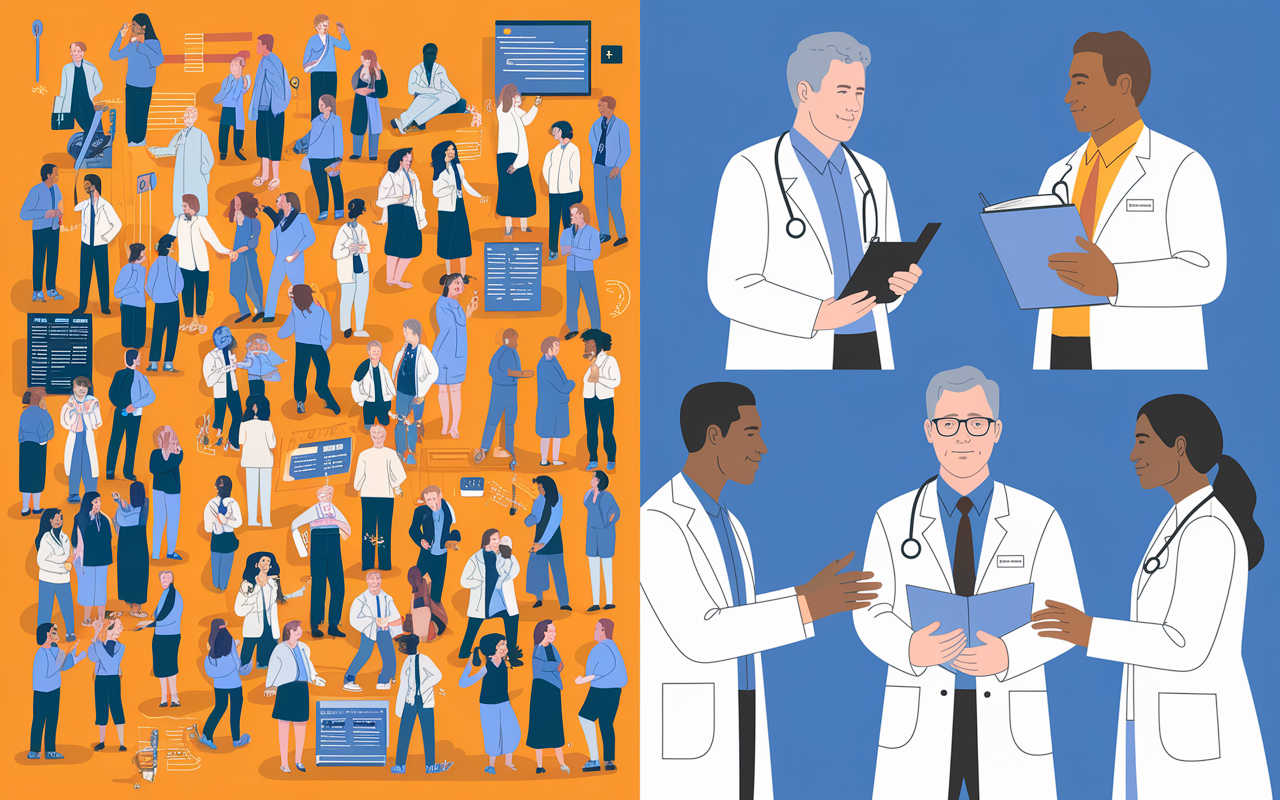 An illustration of two diverse medical residency programs, one large and vibrant with students interacting and engaging in activities, and the other small and intimate, with faculty mentoring a small group of students. Bright, engaging colors for the larger program contrast with softer tones for the smaller program, highlighting the different dynamics and opportunities.