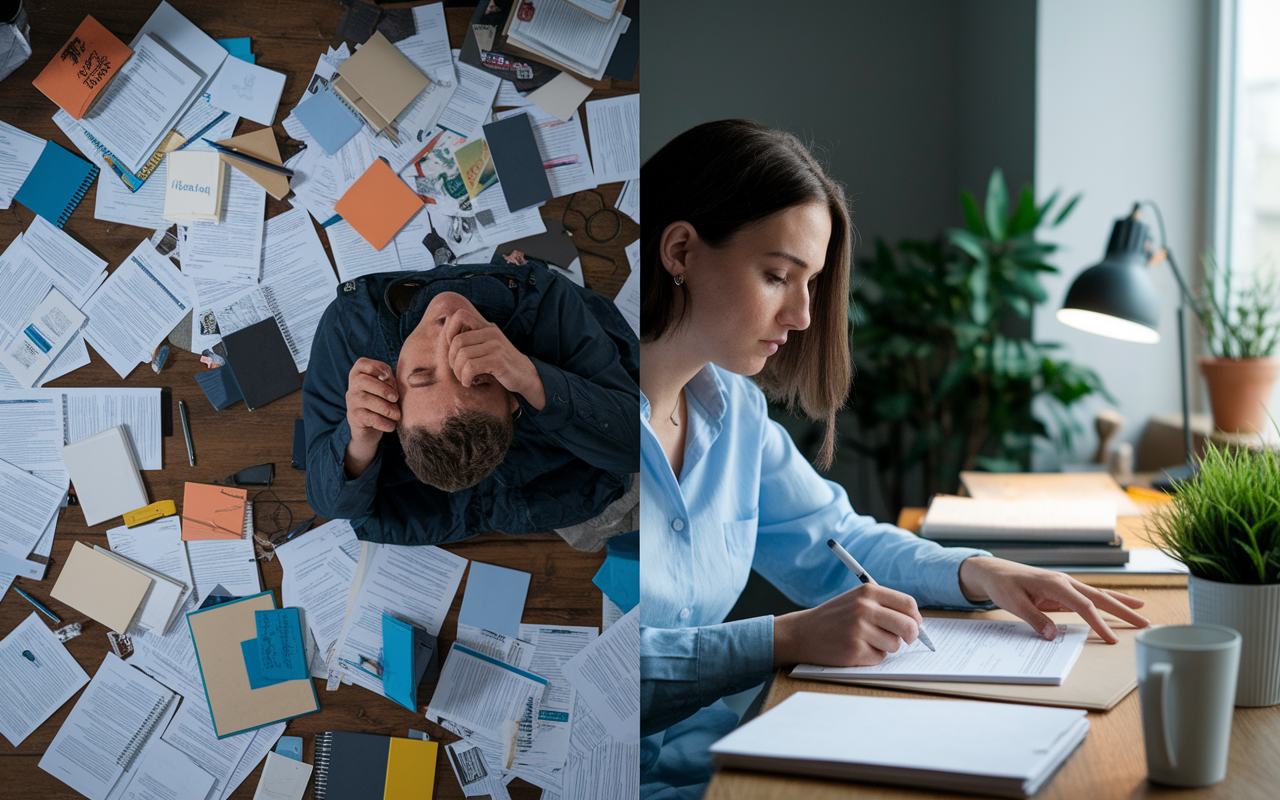 A split scene showing two applicants - one overwhelmed and stressed with a mountain of applications and notes scattered everywhere, and another calm and focused, carefully refining a single application in a tidy workspace. The lighting is serene on the focused applicant and chaotic around the overwhelmed one, showcasing the difference in approaches.