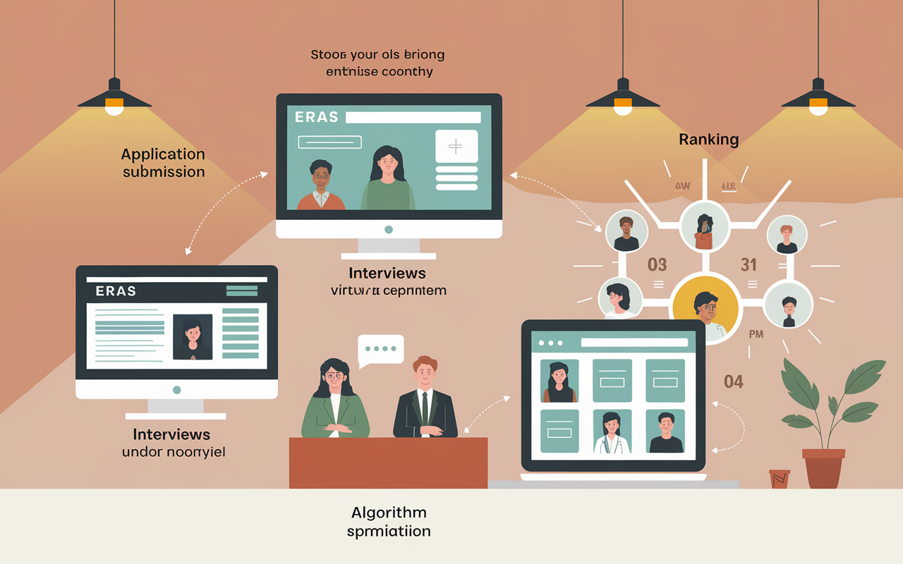 An infographic illustrating the steps of the residency application process. Sections include 'Application Submission' featuring a computer screen with ERAS login, 'Interviews' showcasing a virtual interview setup with a panel, and 'Ranking' exhibiting a matching algorithm visual representation. Each section is color-coded and includes icons, with a clean and modern design, under warm lighting to enhance clarity.