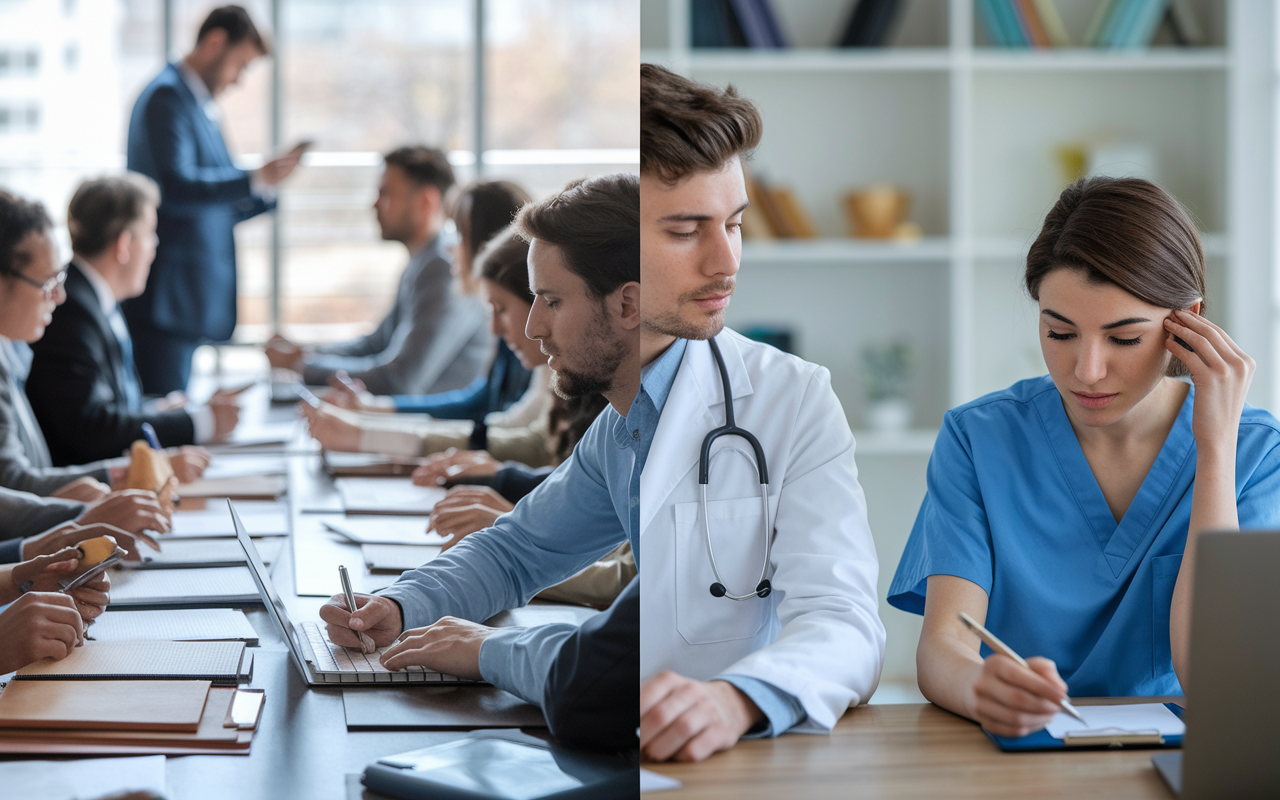 A split-image showing two contrasting scenes: on the left, a competitive surgery residency application with a crowded application table filled with candidates, and on the right, a relaxed environment of a less competitive specialty like pediatrics, showcasing a small group of applicants. Each side visually illustrates the stress and focus of applications, using contrasting colors and emotions to highlight the competitive nature of different medical fields.