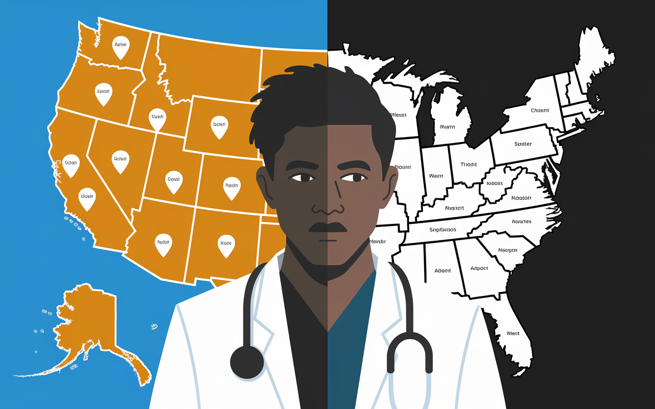 A map highlighted with pins marking various residency program locations across the United States. The visual features a split-tone design with a bright sunny atmosphere, representing aspirational choices, and a darker, contemplative side to indicate the seriousness of decisions. In the foreground, a young physician gazes thoughtfully at the map, illustrating the balance between ambition and location preferences.