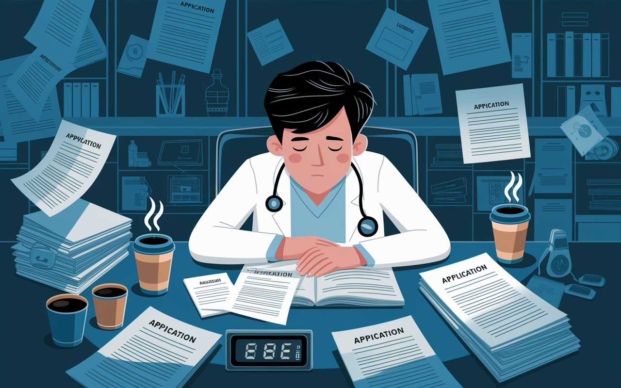 An illustration of a medical student looking overwhelmed at a cluttered desk, surrounded by application materials, empty coffee cups, and a digital clock displaying late hours. The scene captures a sense of exhaustion and intensity, highlighting the pressures of the application process with dim lighting and a chaotic atmosphere.