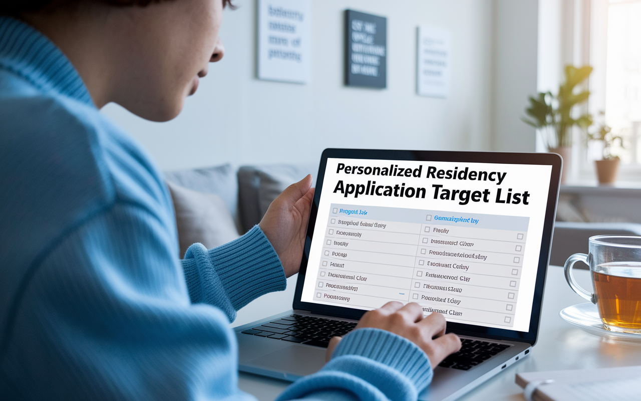 A focused student creating a personalized residency application target list on a digital device. The screen displays a well-organized compilation of programs categorized by priority. The environment is bright and conducive to productivity, with motivational quotes on the wall and a cup of tea, suggesting a balance between diligence and care.