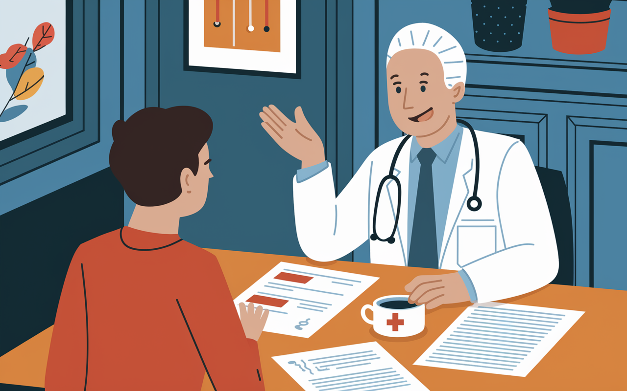 An inspiring scene depicting a student in a cozy setting, engaged in a thoughtful discussion with a mentor over coffee. The mentor, an experienced physician, shares insights and advice on residency applications, while documents and charts are spread on the table, creating an atmosphere of learning and support.