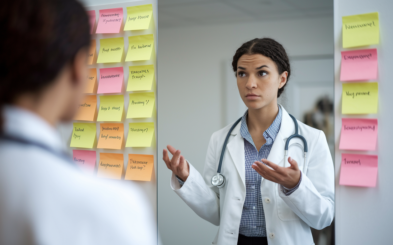 A focused medical student practicing for residency interviews in front of a mirror, dressed in professional attire. She reflects confidence while rehearsing responses, with a backdrop of sticky notes and interview questions pinned on the wall, symbolizing preparedness and dedication.