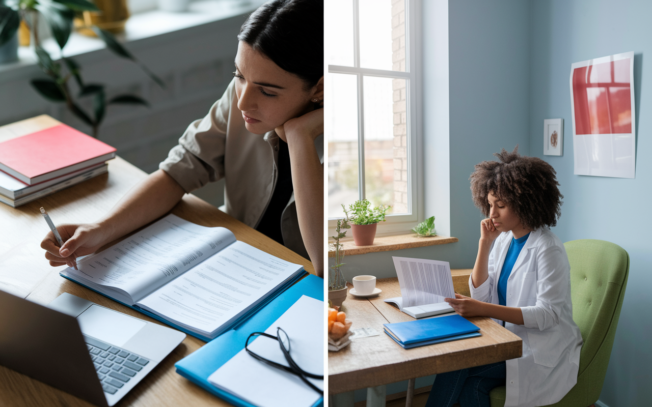 A split-screen image showing two contrasting scenarios. On one side, a busy applicant reviewing a long list of application requirements for Dermatology, surrounded by textbooks and a laptop, looking focused and slightly overwhelmed. On the other side, a calmer setting for a less competitive specialty, with an applicant relaxed at a cozy desk, reviewing a shorter list of applications with a cup of tea nearby. Bright, engaging environments that reflect the varying levels of pressure in residency applications.