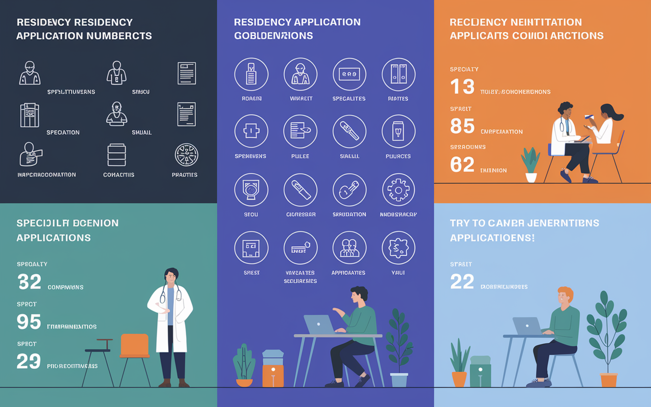 An infographic style image displaying the guidelines for residency application numbers according to specialty competitiveness. Visually distinct sections with icons representing various specialties, numeric recommendations, and colorful illustrations of applicants working on applications. A clear, engaging design that emphasizes the importance of strategic application.