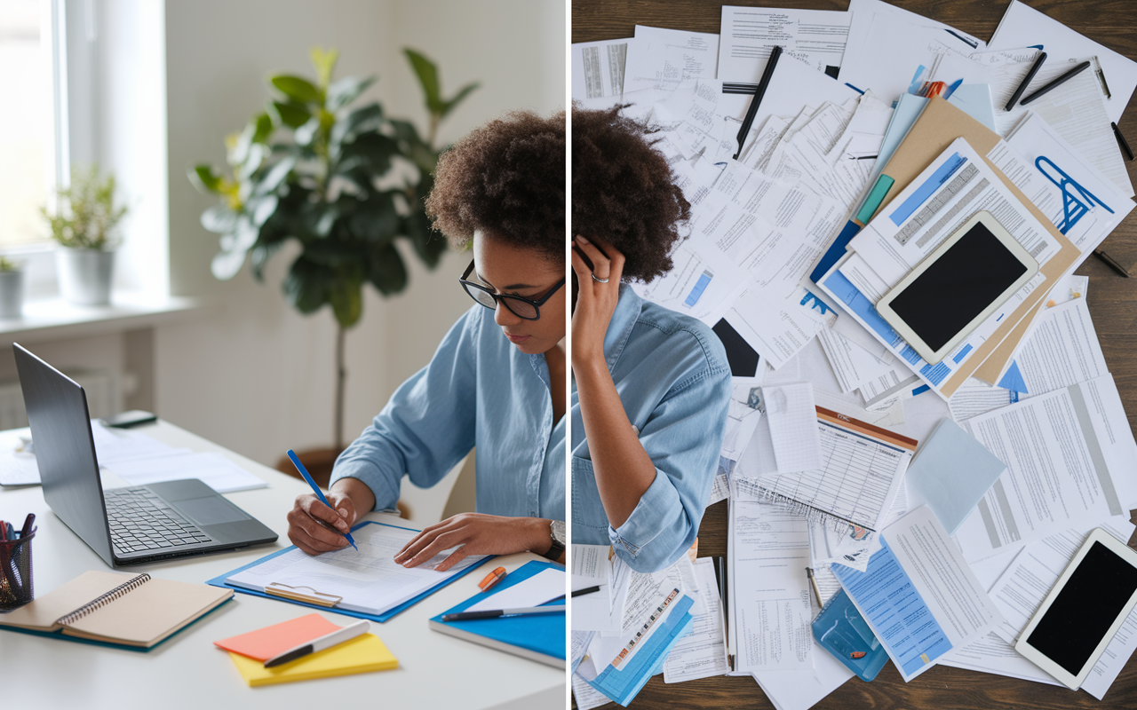 A split image showing two different application strategies. One half features a diligent student drafting tailored applications at a clean desk, surrounded by notes and a laptop, exuding a focused demeanor. The other half depicts a frazzled student surrounded by a chaotic pile of applications, looking stressed and overwhelmed. This contrast effectively illustrates the importance of quality over quantity in residency applications.