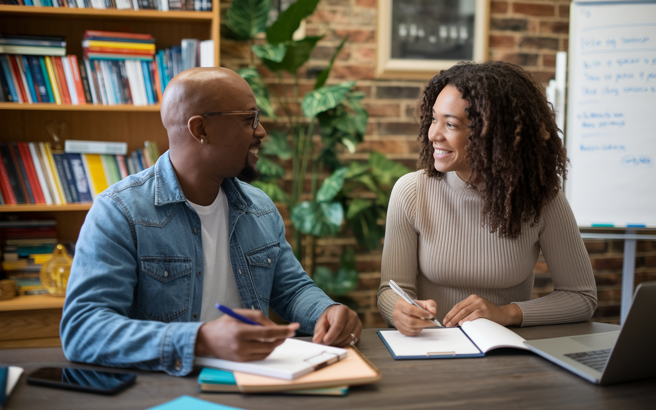 A warm and engaging scene depicting a student consulting with a mentor in a cozy office environment. Bookshelves filled with medical literature, a whiteboard with ideas, and a welcoming atmosphere reflecting collaboration. The mentor is offering guidance, while the student takes notes and looks inspired, showcasing the importance of mentorship in the residency application process.