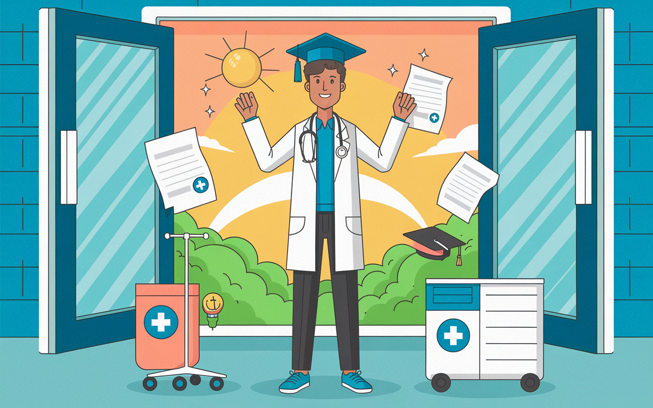 An inspirational scene depicting a successful residency applicant standing proudly, surrounded by symbols of achievement like acceptance letters, a graduation cap, and medical equipment. The background features a sunny sky and open doors of a hospital, symbolizing new opportunities and a bright future. The applicant radiates joy and anticipation, capturing the moment of success in the residency application journey.