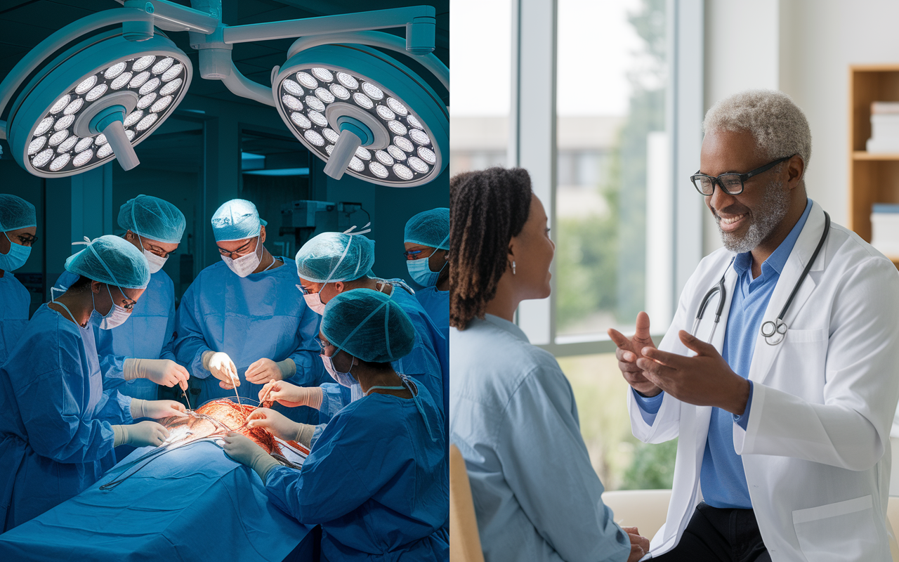 A split image showing two distinct environments: on the left, a busy hospital with a large group of medical professionals taking part in a high-stakes surgical procedure, reflecting high competition; on the right, a calm Family Medicine clinic where a single physician interacts with a patient, emphasizing accessibility and comfort. Soft lighting in both scenes highlights the contrast between the competitive and less competitive specialties.