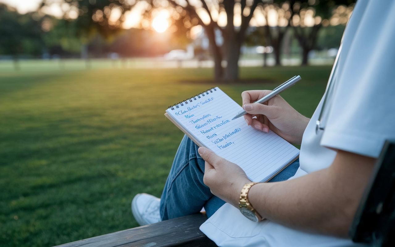 A reflective scene of a medical student sitting on a bench in a tranquil park, contemplating their future. They hold a notepad with lists of strengths and weaknesses written down. The soft glow of sunset casts a warm hue over the scene, symbolizing their introspection and the weight of decision-making in choosing a residency.