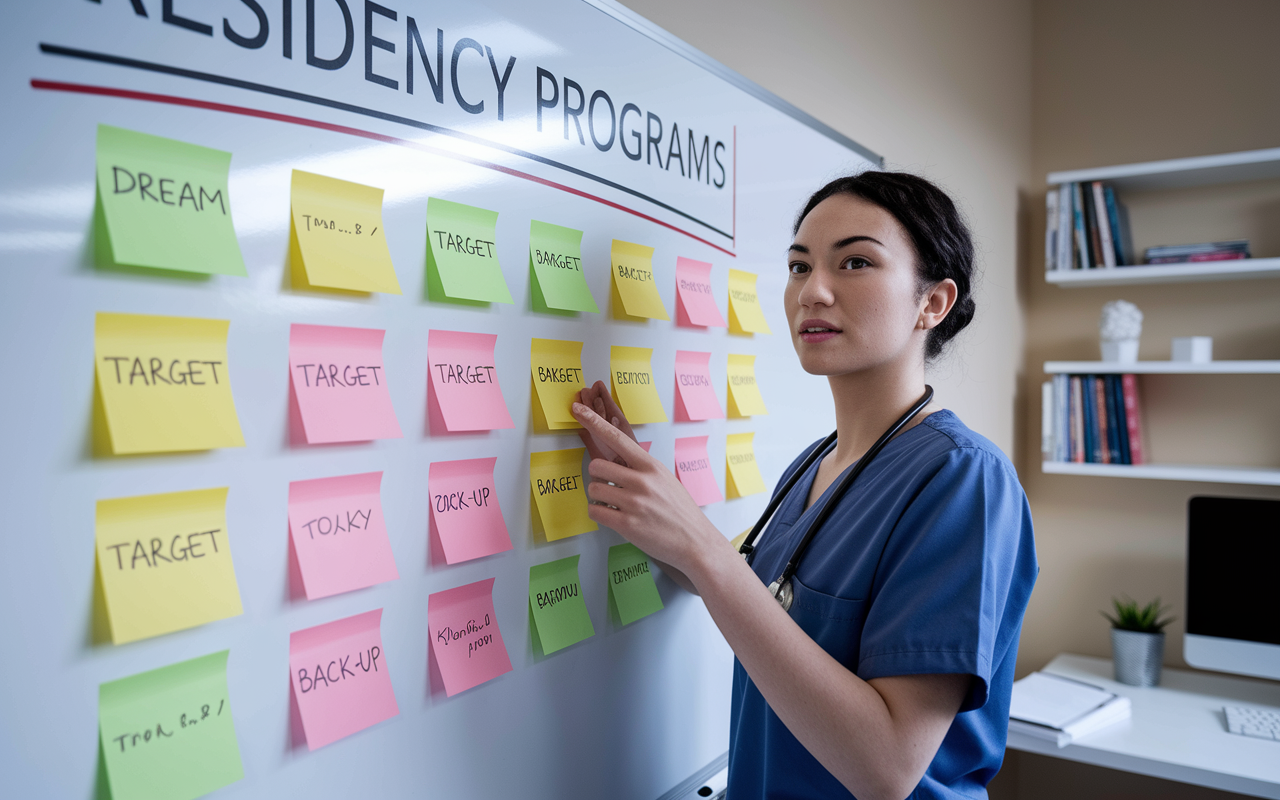 A medical student at a large whiteboard, categorizing residency programs into colorful post-it notes labeled 'Dream', 'Target', and 'Back-Up'. The student wears scrubs and looks focused and organized. The background features medical textbooks and a computer, highlighting the meticulous planning involved in the application process.