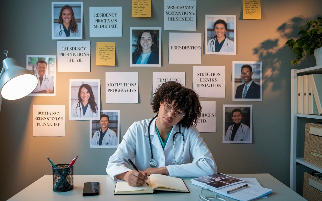 An inspiring scene inside a cozy study room where a medical student sits at a desk surrounded by photos and notes representing their personal goals and aspirations in medicine. The wall behind them is adorned with a vision board filled with images of various residency programs, motivational quotes, and medical specialties. Soft, warm lighting enhances the atmosphere of hope and determination, as the student pens down their reflections in a journal.