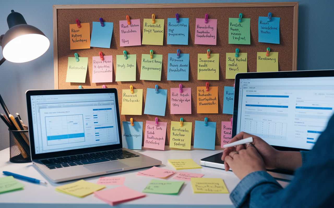 A well-organized workspace where students map out a strategic plan for their residency applications. The scene features a corkboard filled with colorful index cards representing various residency programs, alongside digital devices displaying research data and timelines. Post-it notes with reminders and strategic tips are scattered on the desk. The ambient lighting creates a focused and productive atmosphere, indicating determination to succeed.