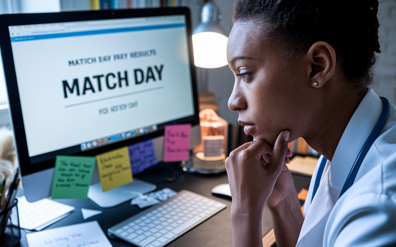 A close-up of a focused medical student sitting at a desk, staring at a computer screen displaying their Match Day results. The surroundings are filled with medical textbooks, notes, and a congratulatory card from a friend. The lighting is soft and warm, emphasizing the tense yet hopeful expression on the student's face as they anticipate their future.