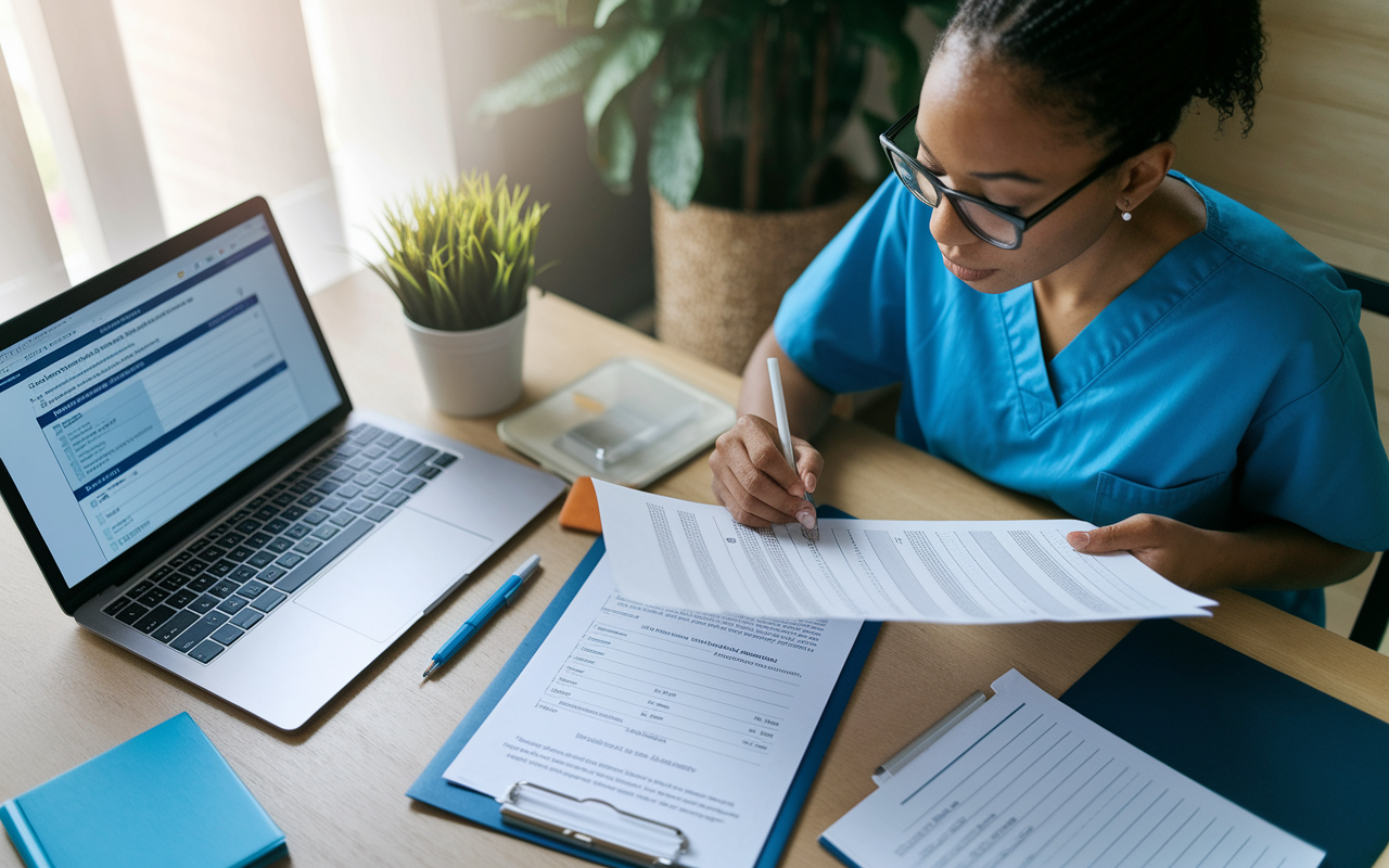 An organized workspace filled with medical paperwork, a laptop open to an online form for licensing, and a checklist of onboarding tasks for a new medical resident. A young woman in scrubs is diligently reviewing documents, surrounded by a warm, inviting atmosphere with soft natural light filtering through a window.