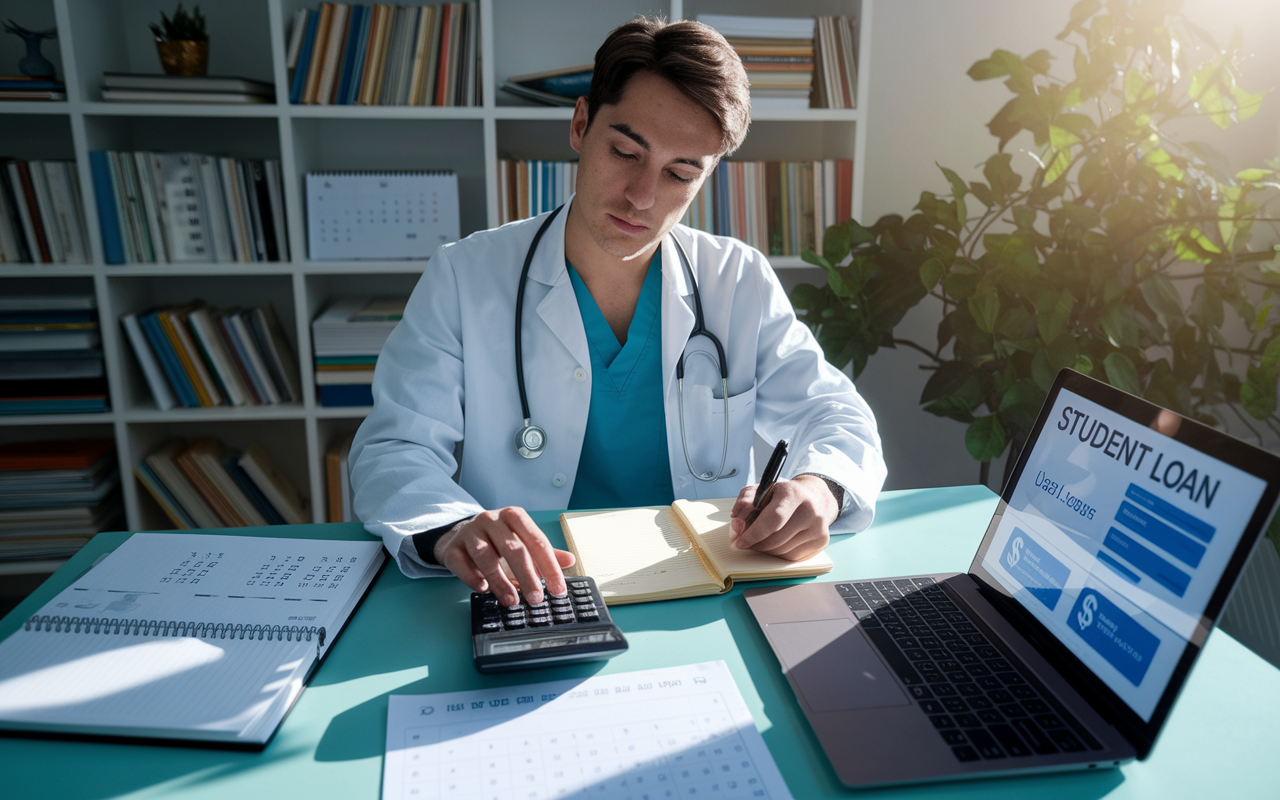 A young medical resident sitting at a table with a calculator and a notebook, mapping out a financial budget. The setting is a cozy home office filled with medical books, a calendar showing important dates, and a laptop displaying student loan options. The sunlight casts a calming glow, symbolizing organization and foresight.