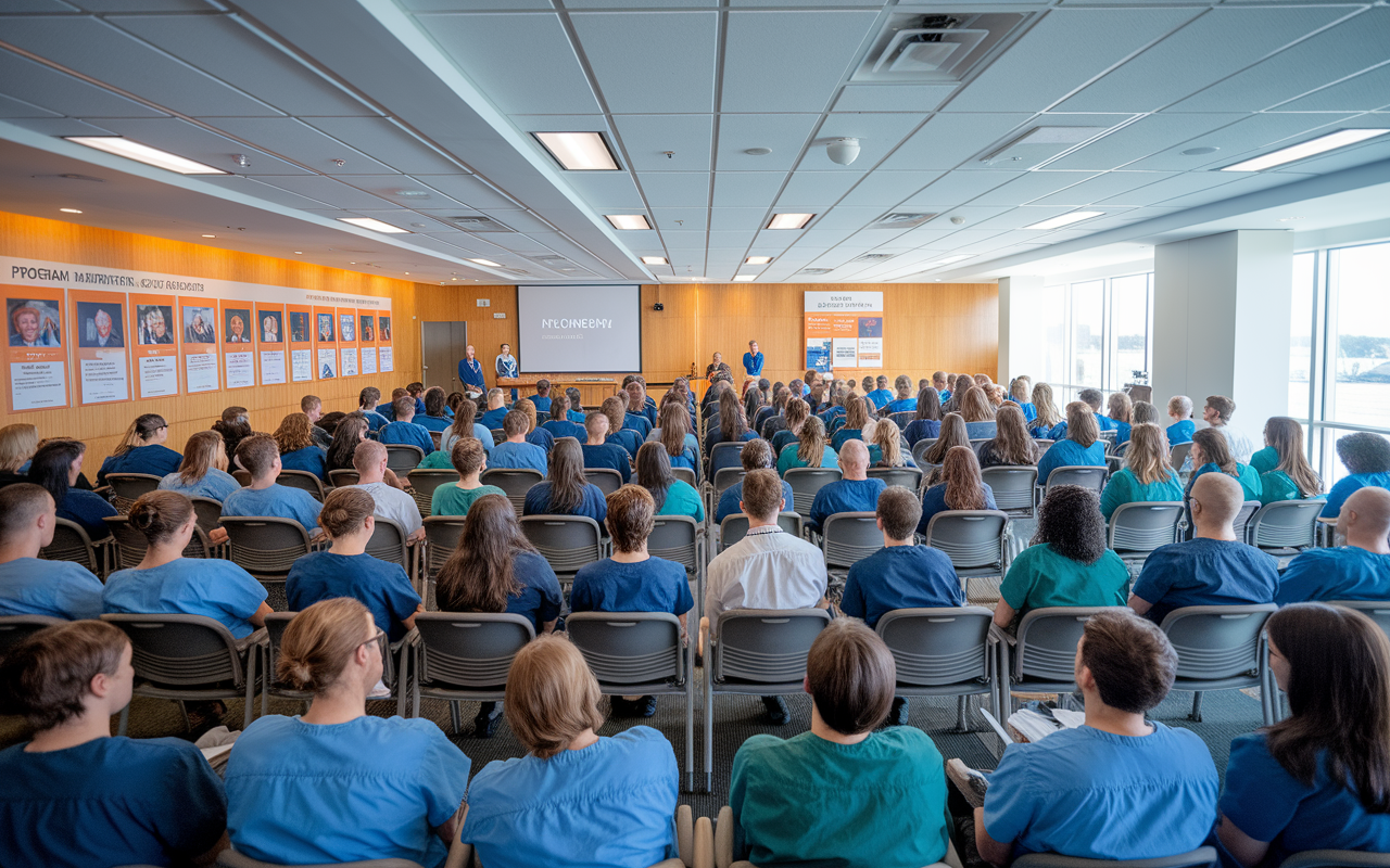 A large conference room filled with new medical residents sitting in rows, attentively listening to a program director speaking at the front. The room is bright with warm, welcoming colors and posters showcasing the residency program. Faces show a mix of excitement and nervousness as they prepare for their journey ahead.