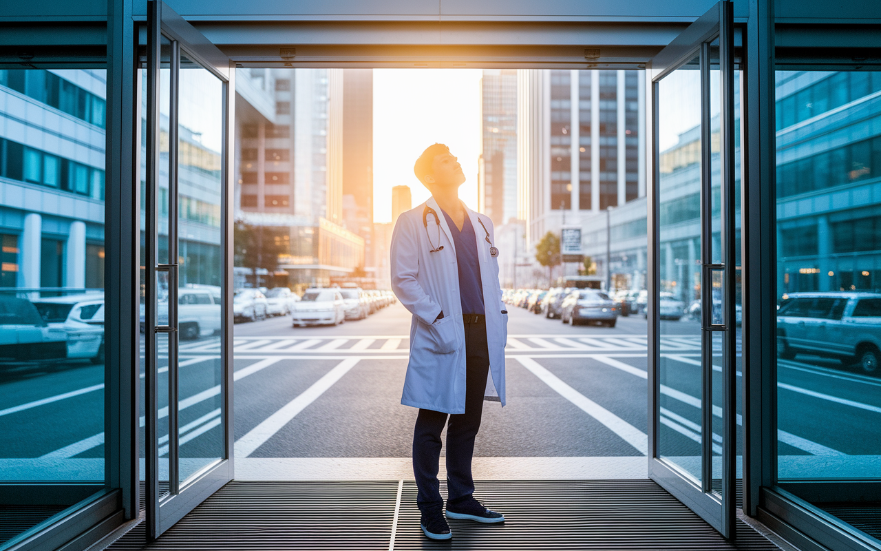 A determined young physician in a white coat standing confidently at the entrance of a hospital, looking up with hope and resolve, symbolizing the start of their residency journey. The sun rises behind the building, casting a golden light that represents new beginnings, with the busy cityscape in the background, showcasing the challenge and opportunity ahead.