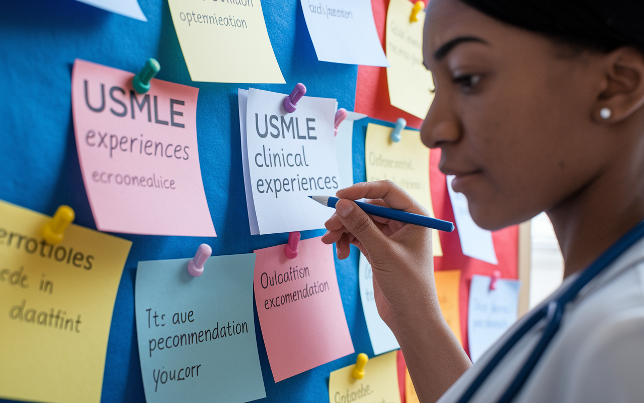 A close-up scene featuring a medical student reviewing their USMLE scores and clinical experiences on a colorful bulletin board. Various notes with glowing accolades and recommendation letters are pinned up. A spectrum of emotions is depicted on the student’s face—optimism mixed with concern. The background is softly blurred, emphasizing the focus on the qualifications and strategies for a successful application.